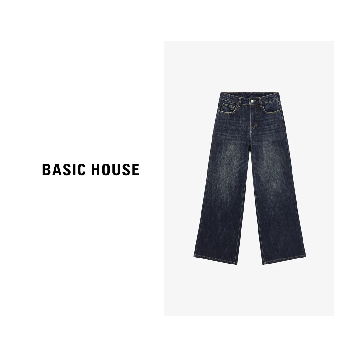 Basic House/百家好秋季阔腿直筒显瘦女装纯棉牛仔裤-B0625B5DOS2
