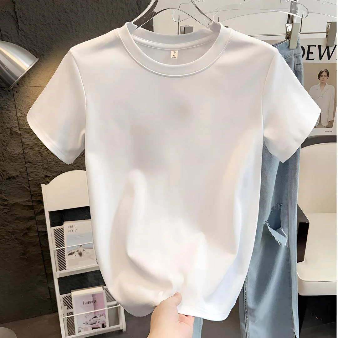 白色正肩短袖T恤女新款夏季宽松时尚修身圆领休闲韩版百搭上衣ins