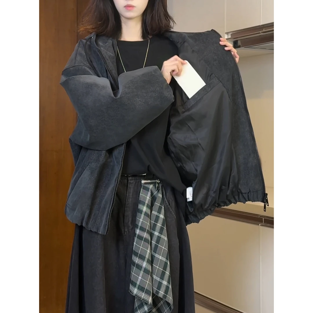 黑色刺绣连帽pu皮衣外套男秋季双拉链短款夹克廓形美式复古棒球服