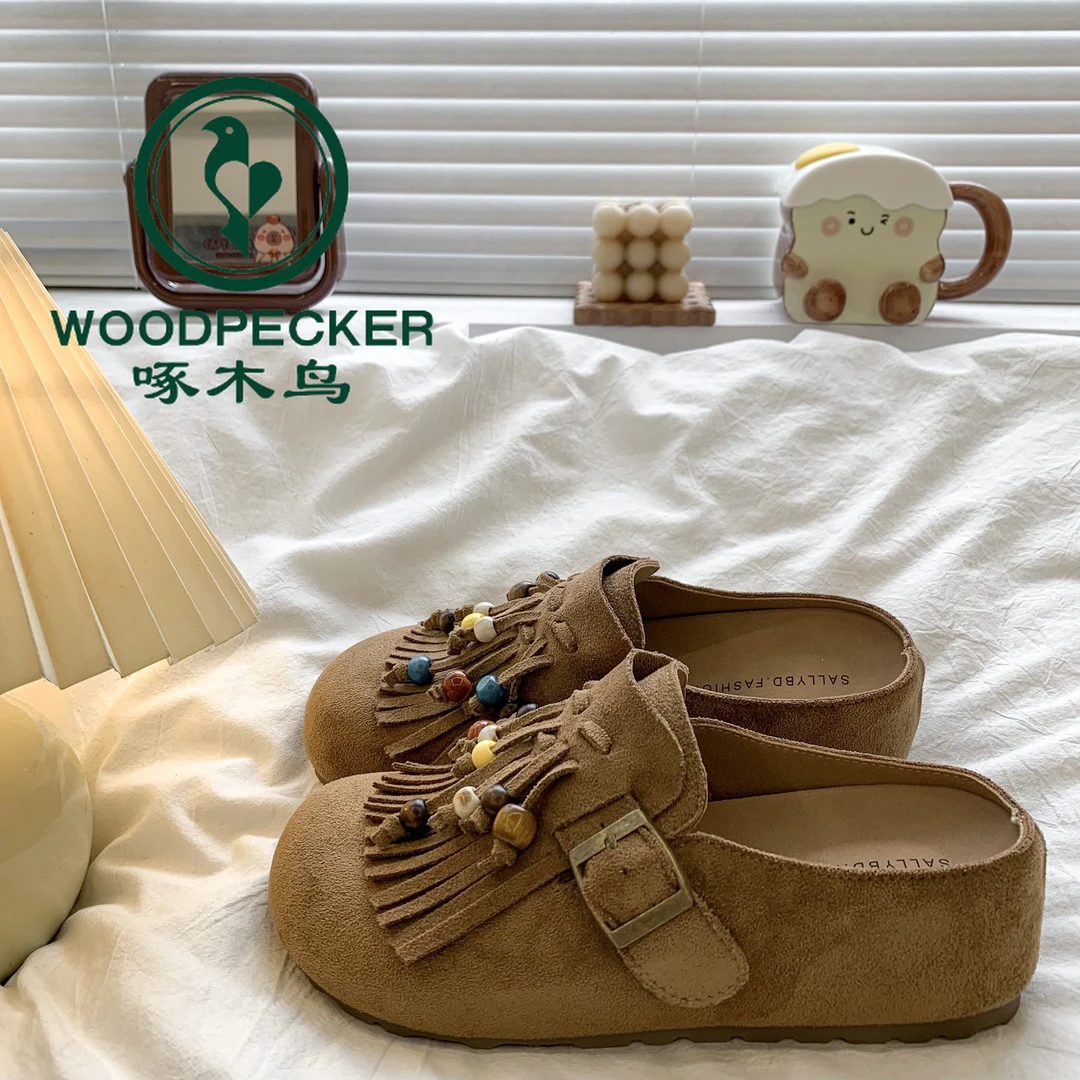 啄木鸟内增高厚底勃肯鞋包头半拖鞋女2025秋季新款流苏博肯凉拖鞋