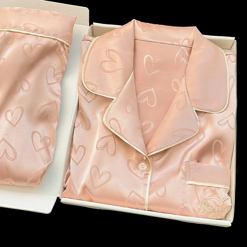 粉爱心春夏季冰丝凉感睡衣家居服女士爆款2025新款外穿长短袖套装