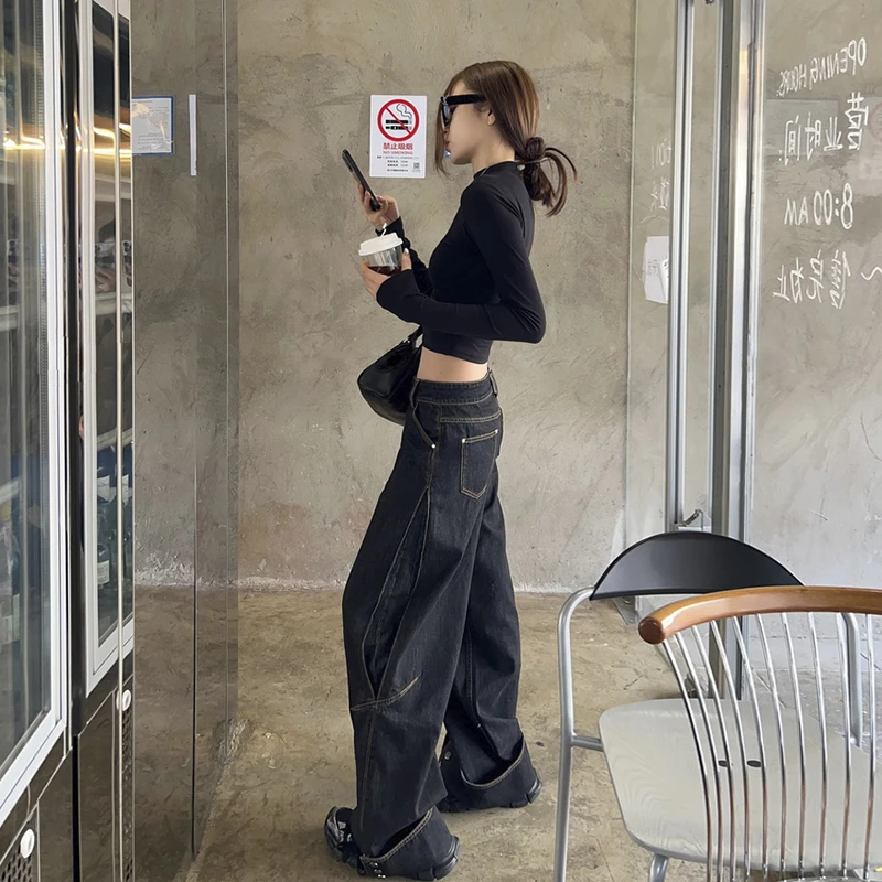 裤长110cm 加长重工翻边设计 复古高腰阔腿牛仔裤女高个子拖地裤