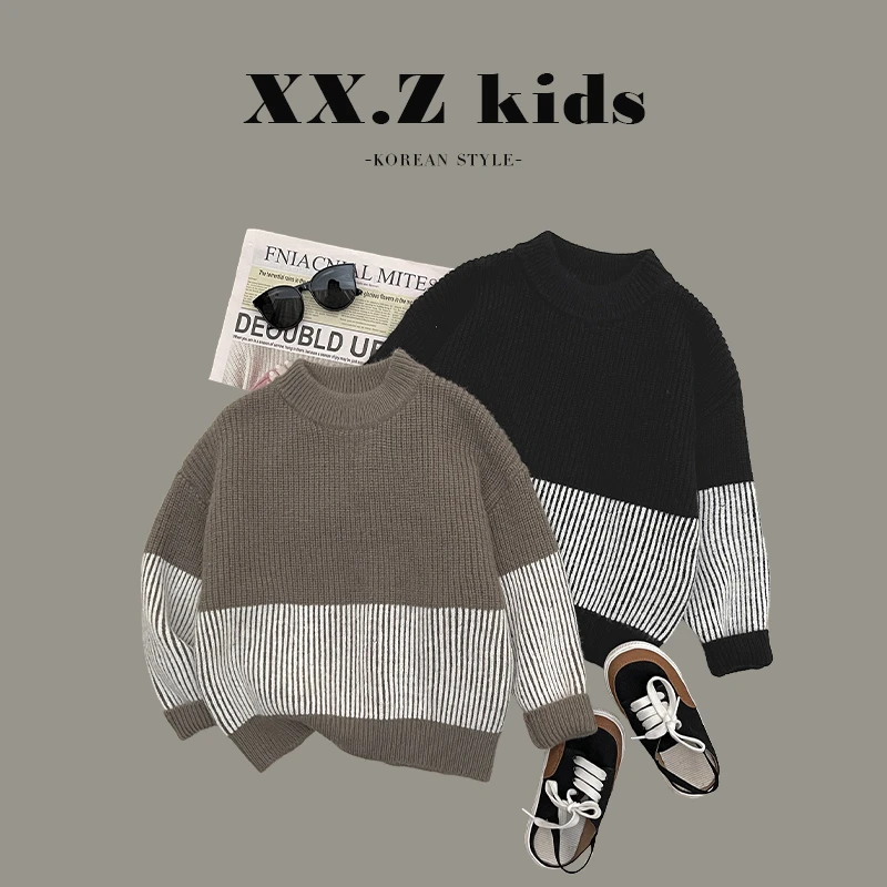 冬装儿童韩版复古风宽松两色竖条纹小众套头毛衣HDM3140-qqqq