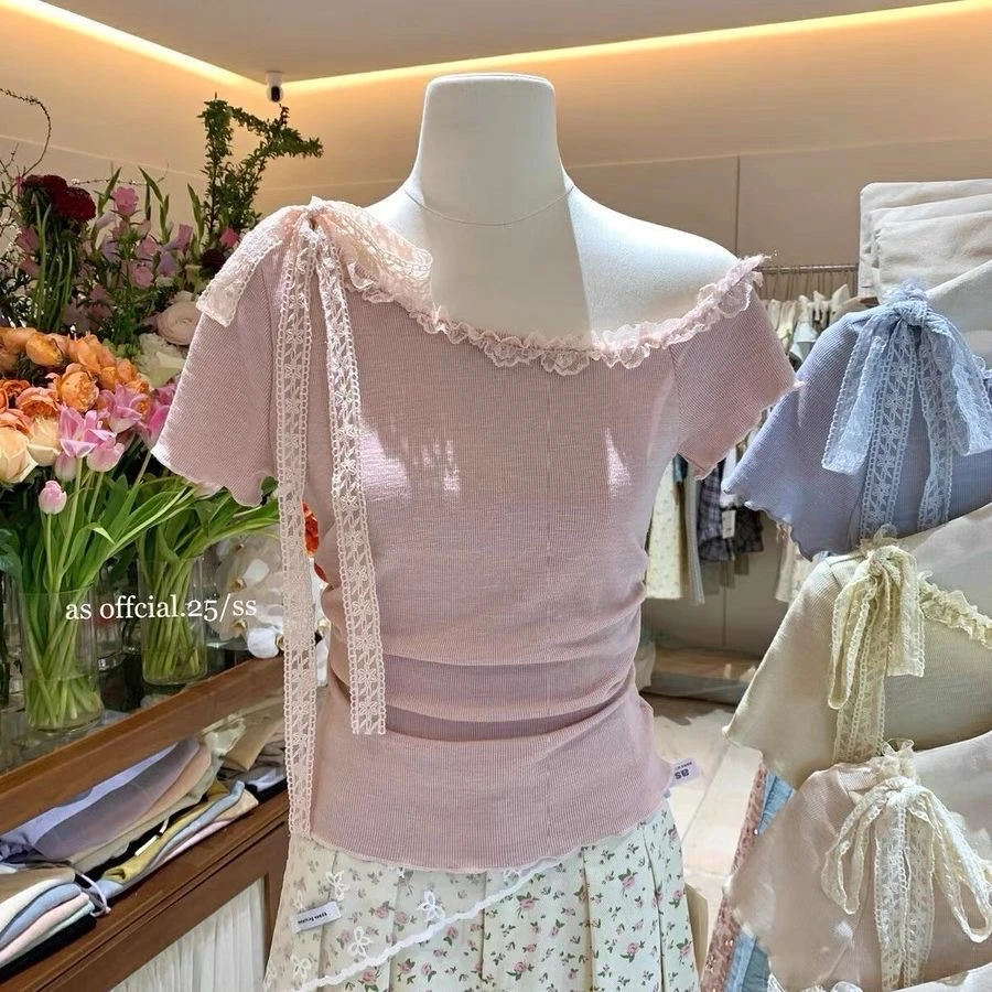 短袖绑带修身型常规款蕾丝打底衫小众百搭小衫泡泡袖甜美设计感