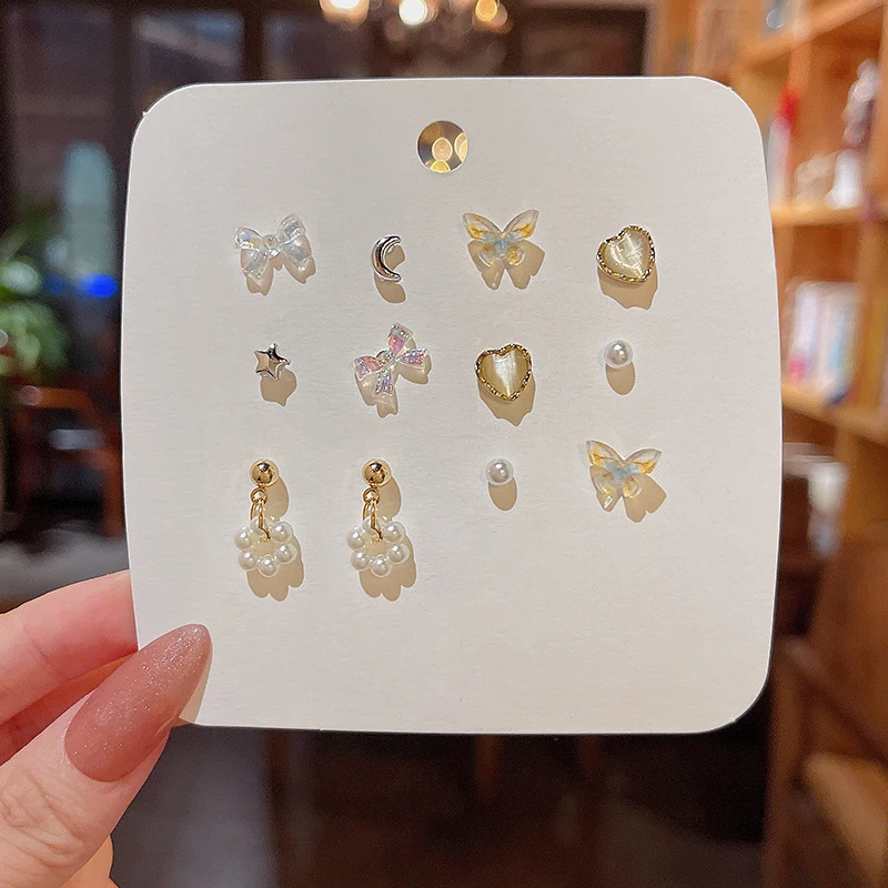 黄铜耳饰 S925银针小清新彩色蝴蝶结耳钉女可爱百搭气质爱心耳环