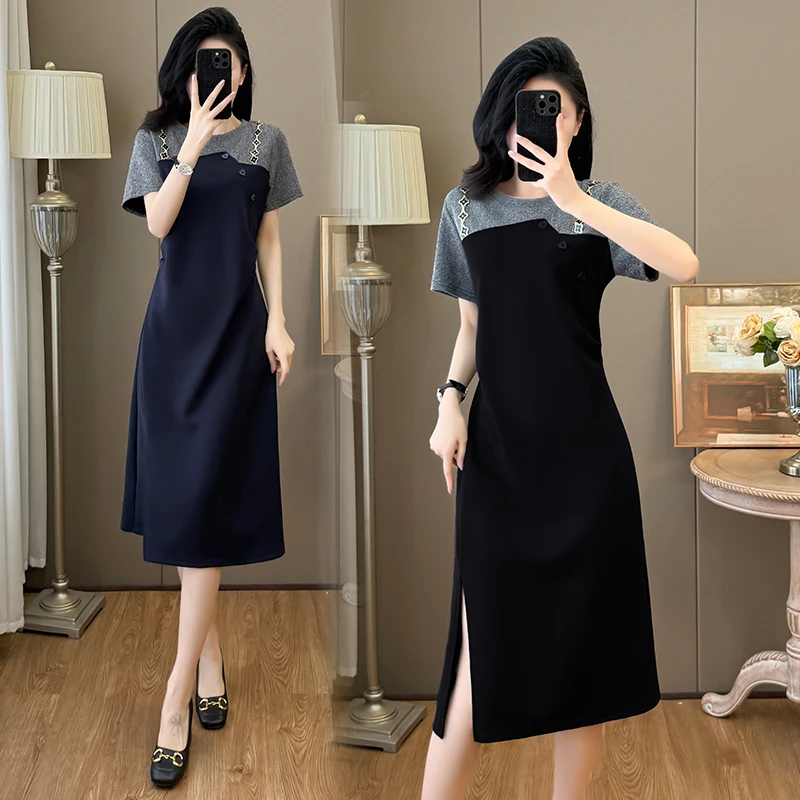 设计感高级遮肉显瘦中长裙2025大码女装夏季新爆款时尚开叉连衣裙