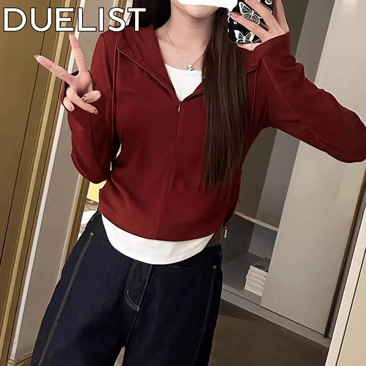 DUELIST设计感假两件连帽长袖T恤女秋季大码显瘦不规则上衣打底衫