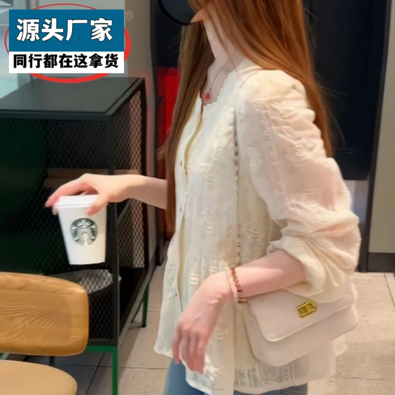 梵乐芬百搭方领蕾丝刺绣衬衫2025秋新款韩版宽松长袖上衣简约