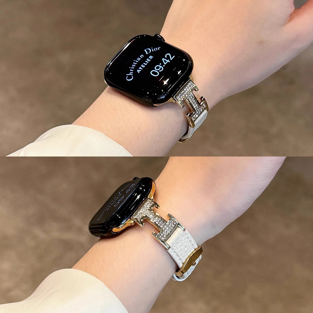 荔枝纹H扣镶钻拼皮质苹果手表表带适用于Apple Watch10iwatch6789