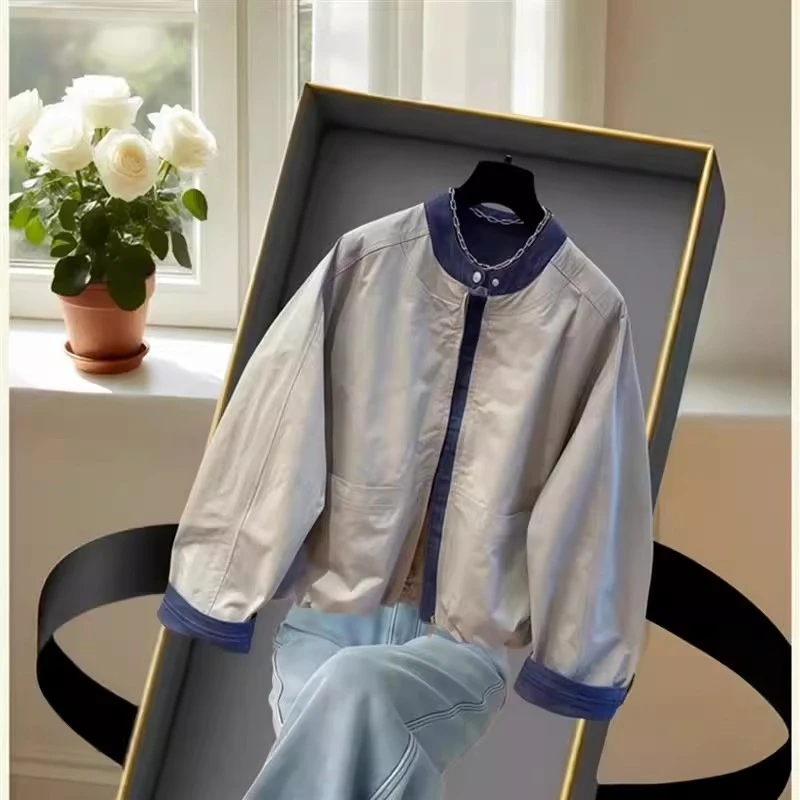 复古小众拼接外套女秋季2025新款宽松显瘦特大码棒球服小个子夹克