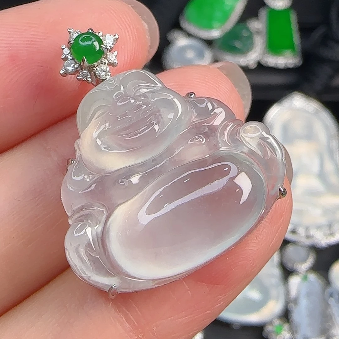 颈饰18K金镶嵌翡翠高冰起荧光厚装佛公