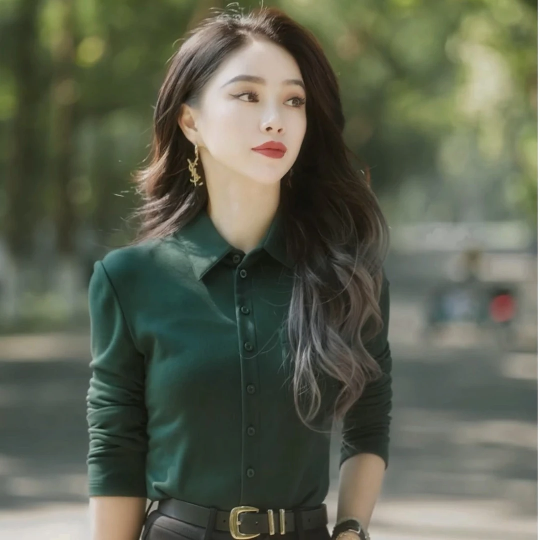 哥弟衬衫职场通勤气质弹力修身加绒长袖衬衫女1300820衬衣女款