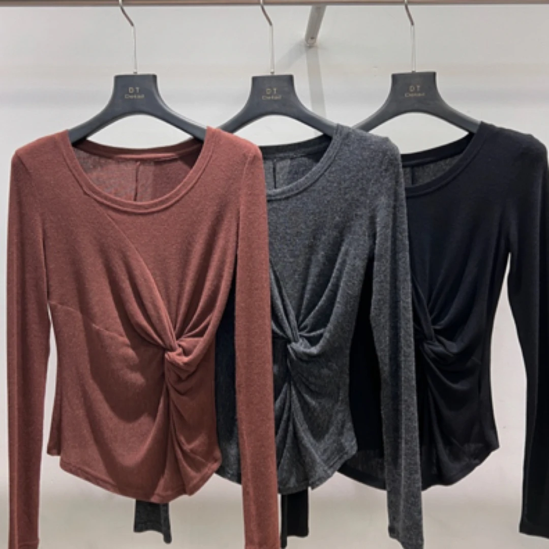 现货 欧洲站2025春百搭纯色时尚显瘦修身圆领长袖T恤