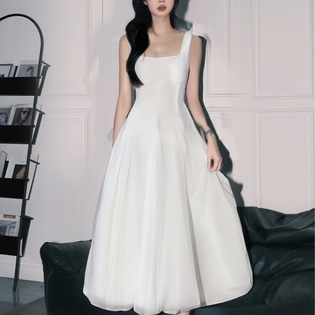 A【有里布】显瘦网纱蓬蓬仙女裙初恋白色吊带连衣裙女小礼服D0848