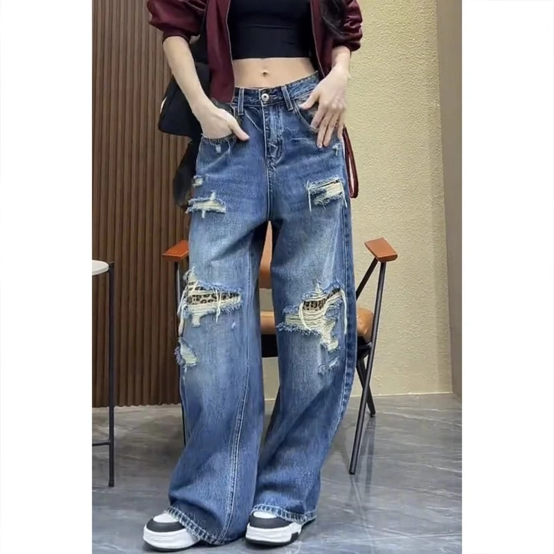 小众设计感百搭假破洞牛仔裤秋季新款梨型身材宽松显瘦直筒阔腿裤