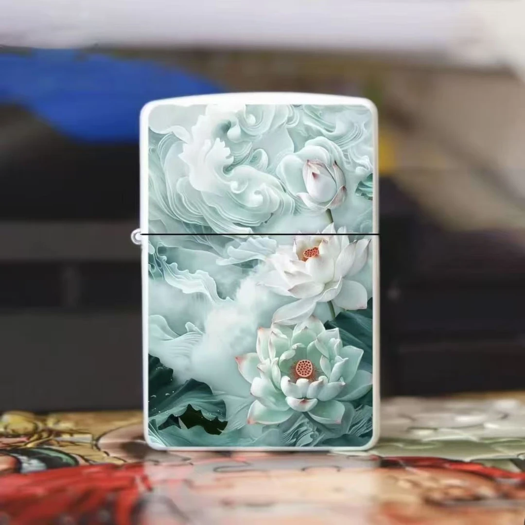 【荷花绽放】煤油打火机个性高端金属高颜值创意定制打火机翻盖高档