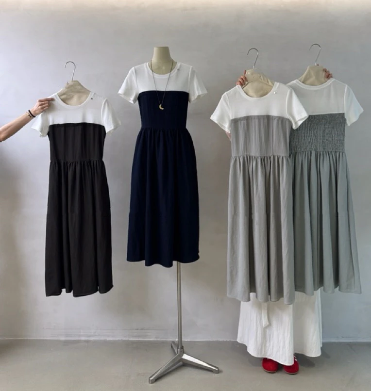 夏季韩系简约圆领短袖撞色拼接收腰长款连衣裙