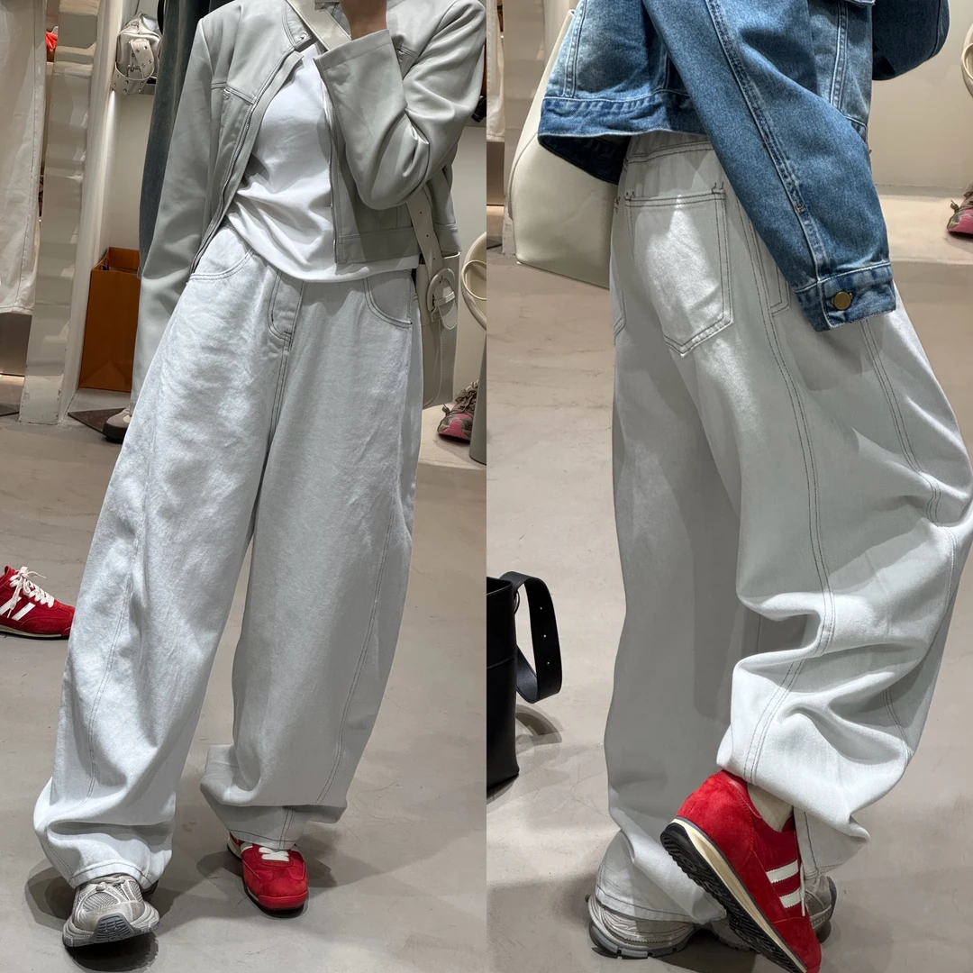 韩东大门无性别高街INS风小众水洗香蕉弯刀直筒宽松牛仔阔腿裤子