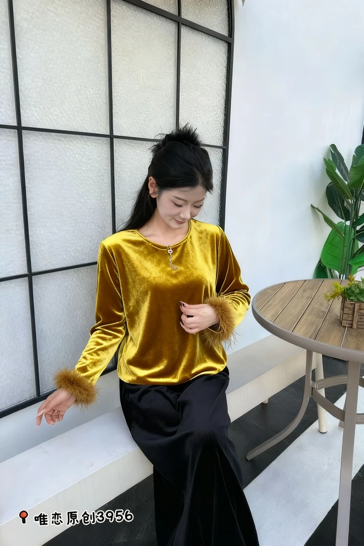 套头中长款人丝鸵鸟毛拼接卫衣打底衫时尚圆领绣花设计师新中式
