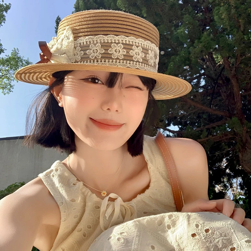 法式蕾丝蝴蝶结平檐草帽女夏季平顶海边沙滩度假防晒遮阳太阳帽子