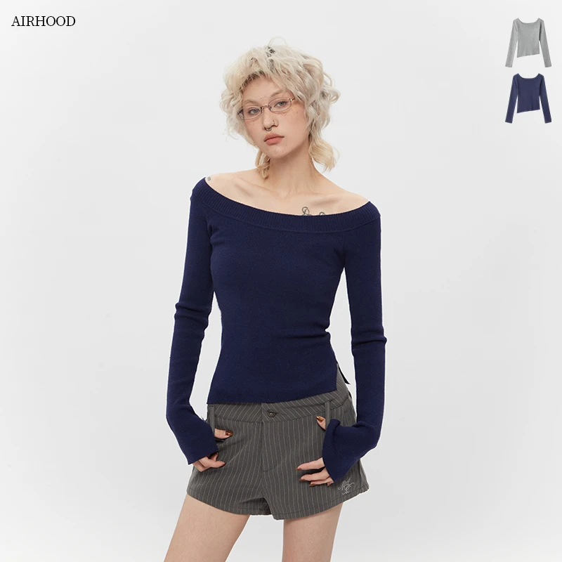 AIRHOOD下摆不规则一字领设计长袖针织衫女修身显瘦小众毛衣C5069