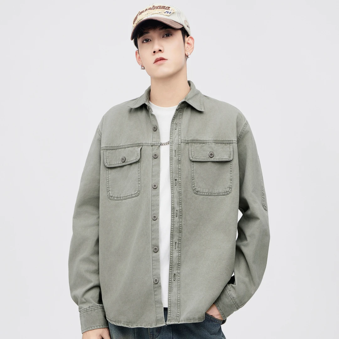2025春秋季新款牛仔衬衫男长袖复古怀旧水洗衬衣学院风薄款外套潮