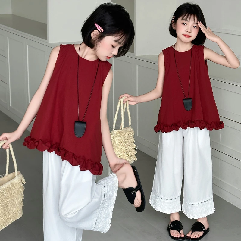 女童夏季无袖背心套装2025新款夏装超洋气中大童牛仔阔腿裤子套装