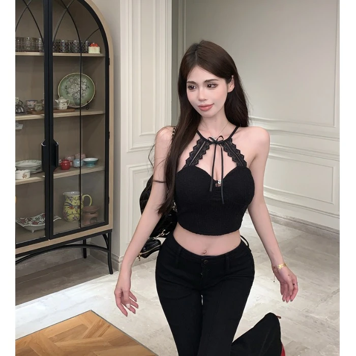 法式性感黑色蕾丝挂脖吊带小背心女夏季美背打底内搭纯欲短款上衣