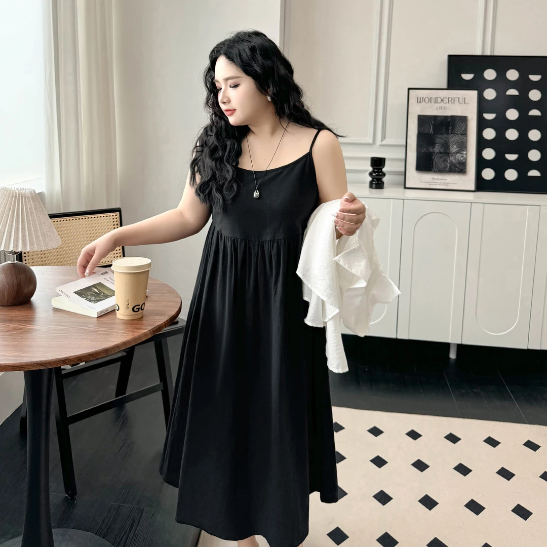 CX5610大码女装【度假气质小黑裙】胖mm高腰吊带裙夏季显瘦连衣裙