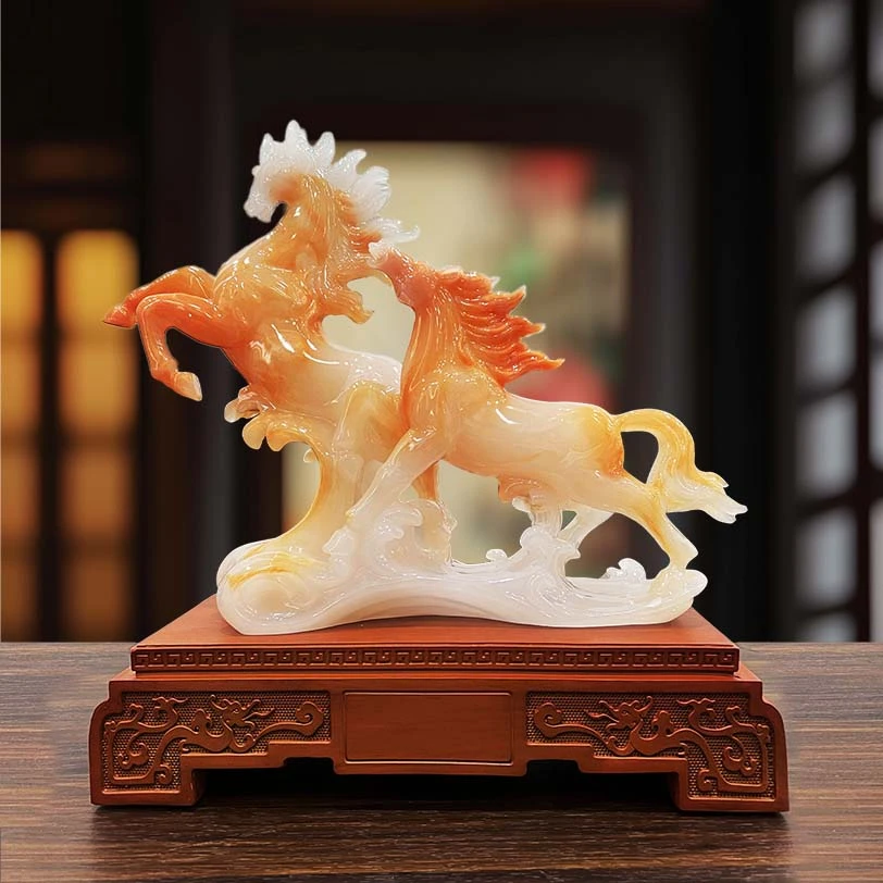 12寸红花冰双骏马合作共赢马摆件长33宽13高31cm约2.8kg-YX