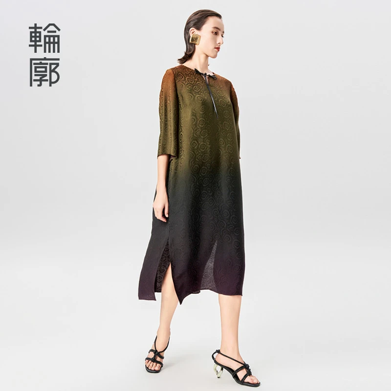 轮廓江山图连衣裙原创国风新中式渐变印花复古气质长裙L242Y040