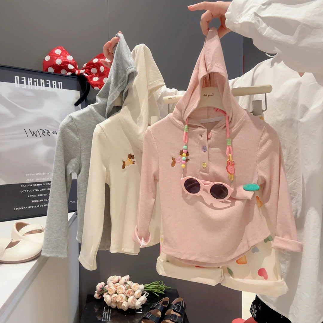 2025秋季童装女童卡通刺绣连帽打底衫宝宝洋气百搭长袖修身T恤