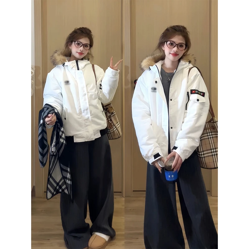 简约冬装棉服女款2025冬季新款加厚棉衣大毛领派克服韩系情侣棉袄