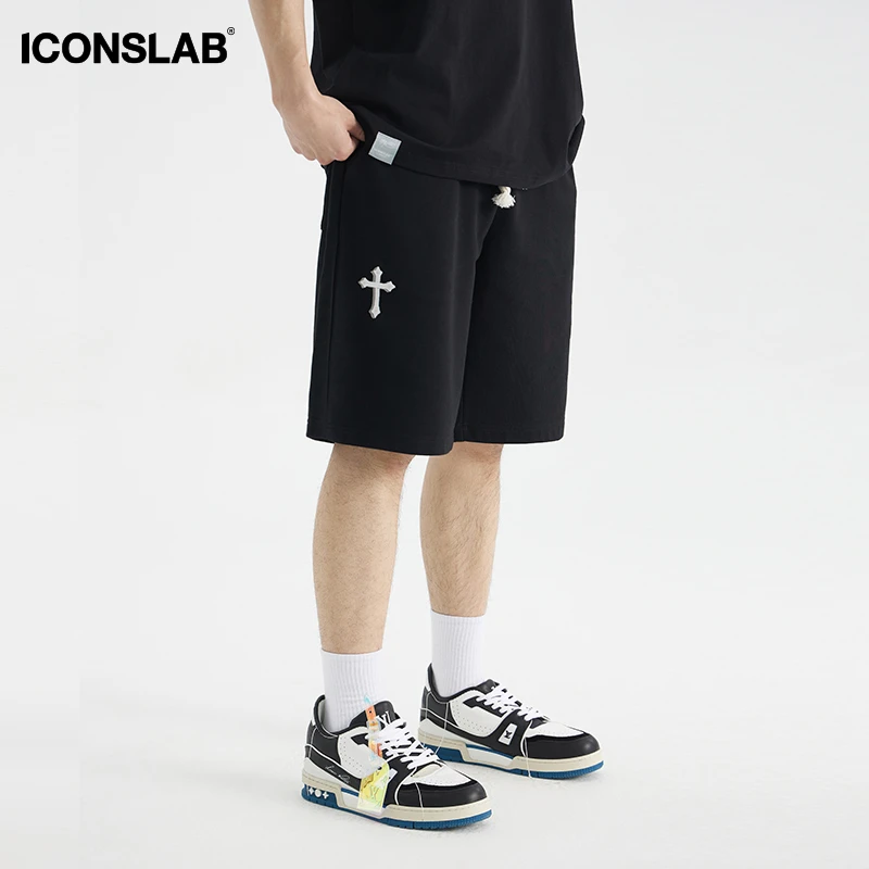 iconslab 立体十字架刺绣短裤男设计感小众夏季国潮宽松五分裤