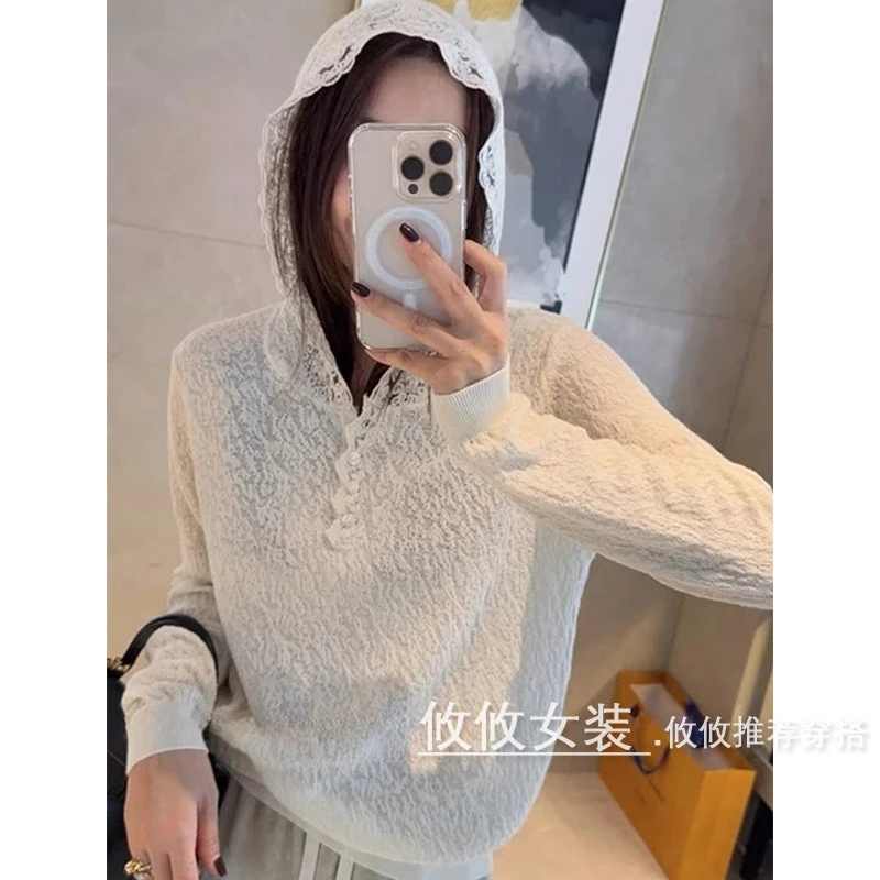 浮雕勾花蕾丝连帽套头长袖毛针织衫春装新款韩版宽松时尚百搭打底