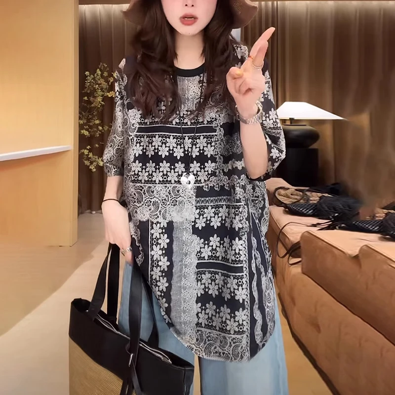 超好看独特漂亮上衣夏季新款时尚韩版慵懒风宽松印花短袖t恤女