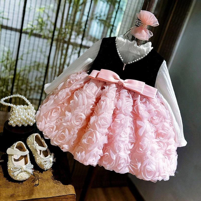 周岁女宝宝礼服2025秋冬粉色丝绒公主裙一岁生日蓬蓬纱裙女童套装