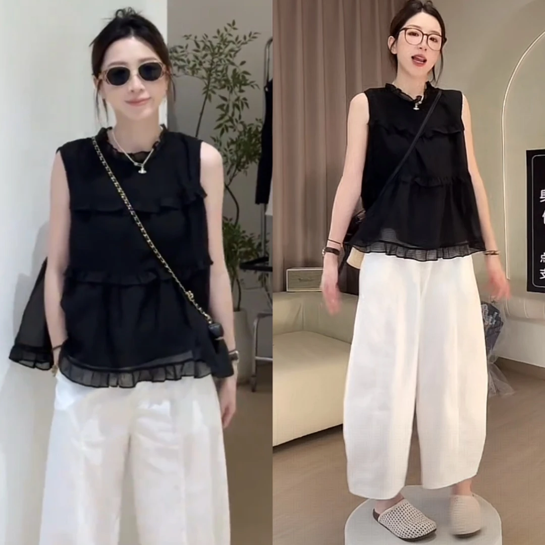 时尚减龄夏季一整套装爆款设计感植绒重工小衫+九分气球裤两件套