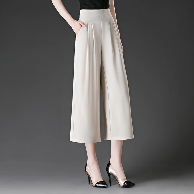 八分冰丝阔腿裤女2025夏季薄款高腰宽松垂感休闲妈妈直筒七分裤子