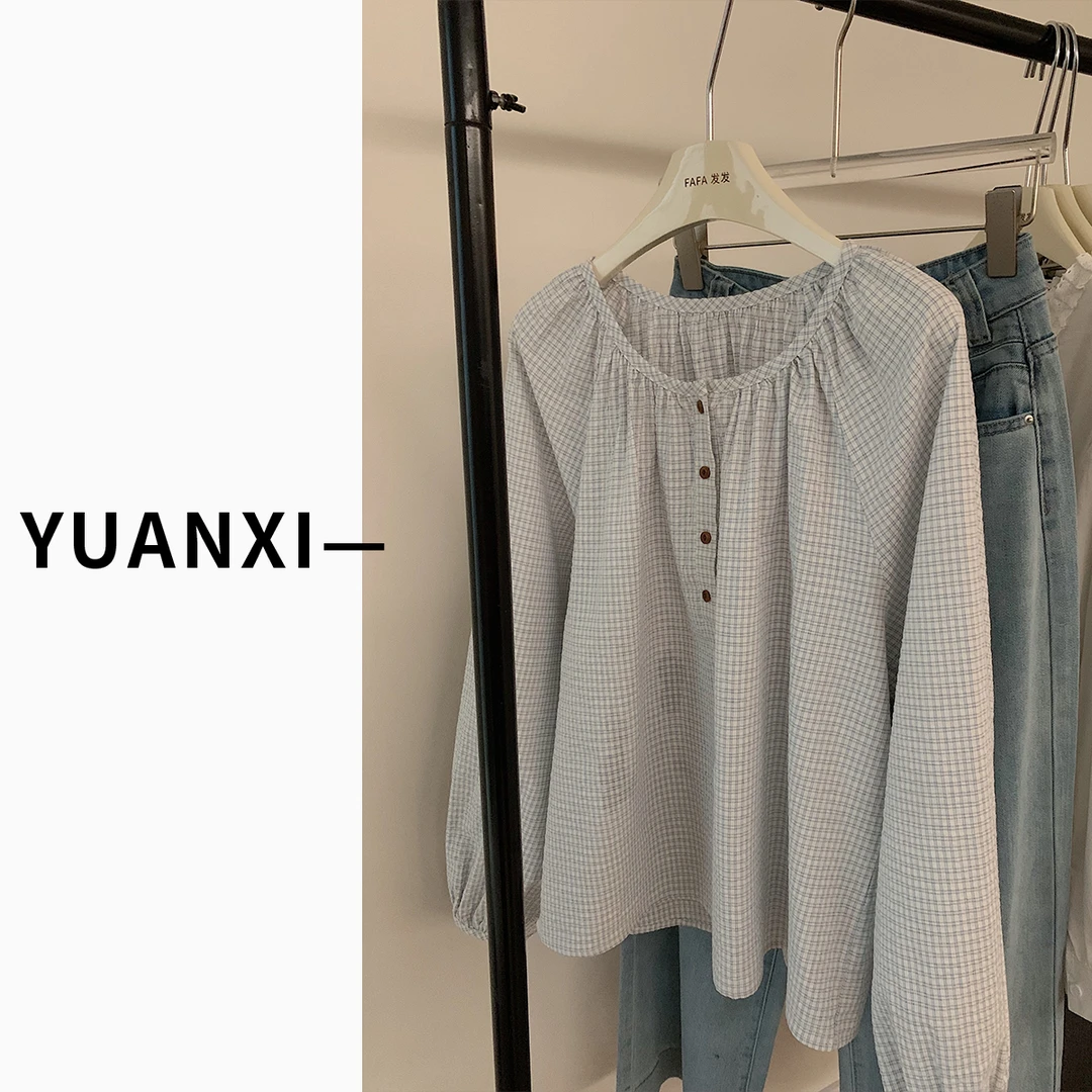 【YUAN.XI】F382 韩系圆领细格子衬衫女春装新款