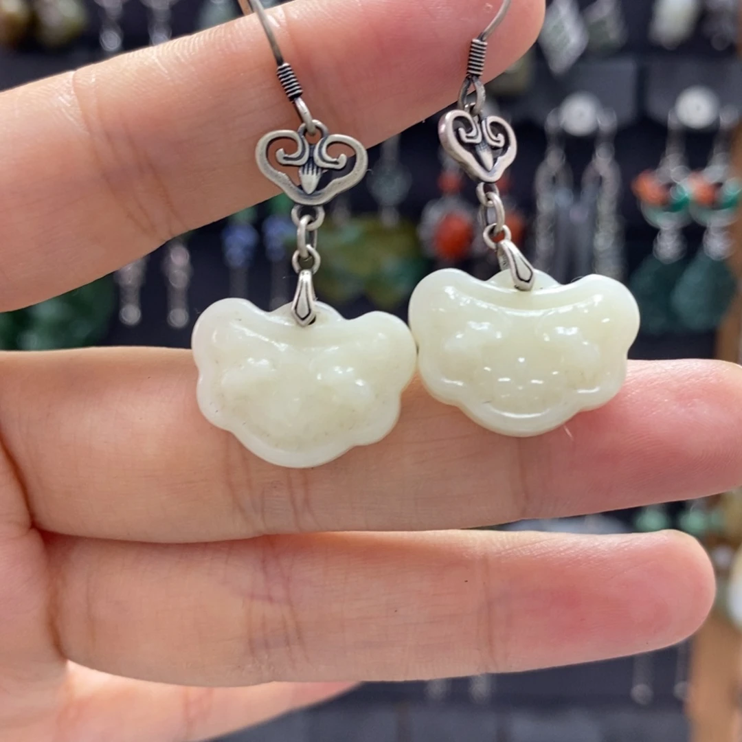 和田玉银S925镶嵌耳饰