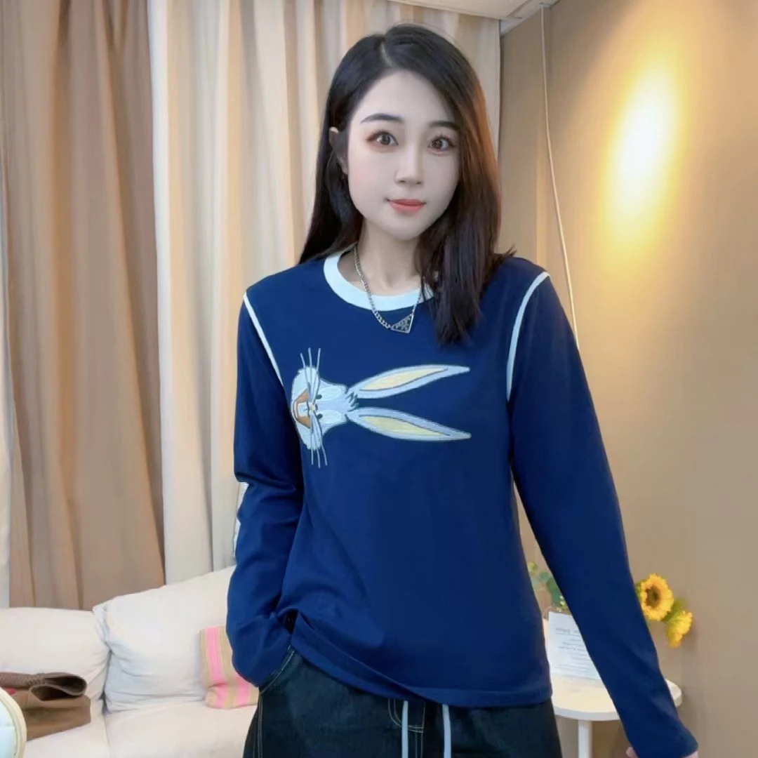 【肩带兔子】长袖女士秋季T恤时尚圆领休闲百搭秋款撞色拼接打底衫