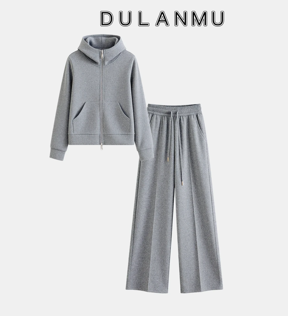 新款加厚宽松休闲运动套装连帽开衫阔腿裤两件套减龄外套套装女