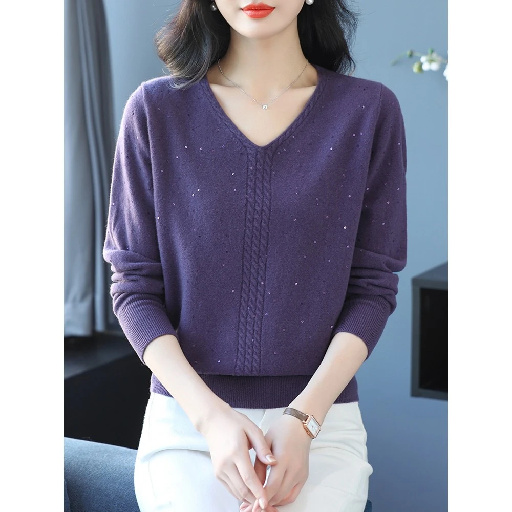 100纯绒女毛衣秋冬新款V领套头亮片时尚宽松短款百搭毛打底衫