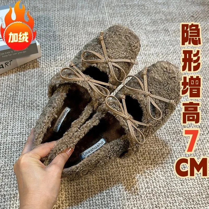 双蝴蝶结毛毛玛丽珍高跟鞋子女秋冬小个子内增高7CM加绒法式单鞋