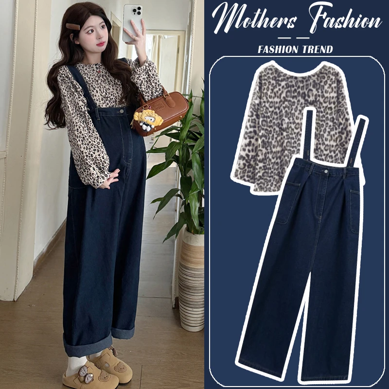 孕妇套装春秋2025新款韩版休闲减龄蓝色宽松牛仔背带裤上衣两件套