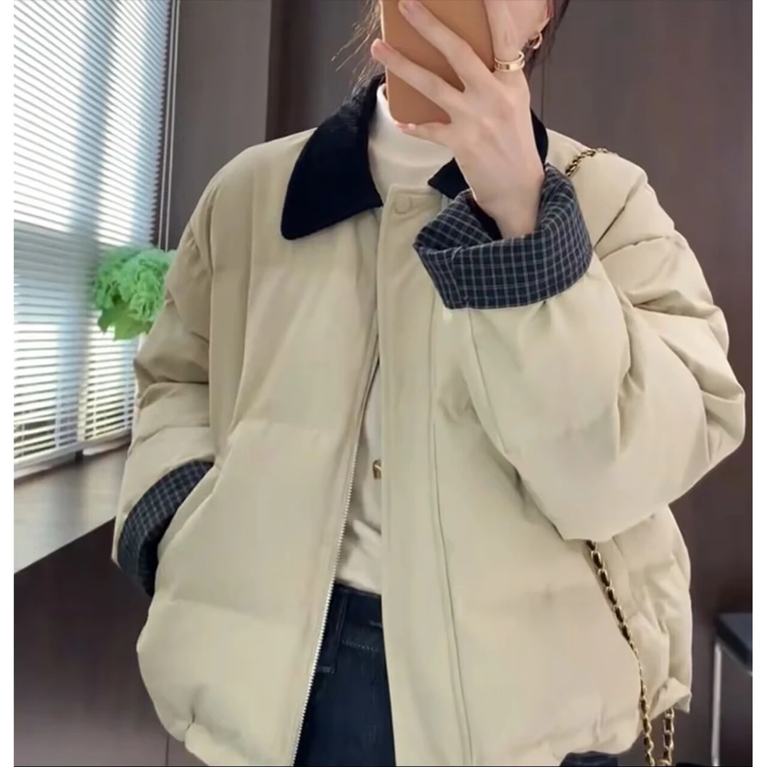 休闲加厚拼接翻领棉衣外套女2025冬季新款时尚宽松保暖减龄棉服潮