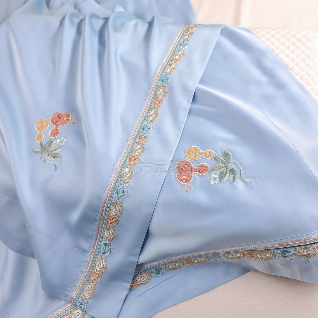 福禄满堂flmt蓝色极爽天丝四件套lf莱赛尔凉快轻奢绣花丝滑凉爽