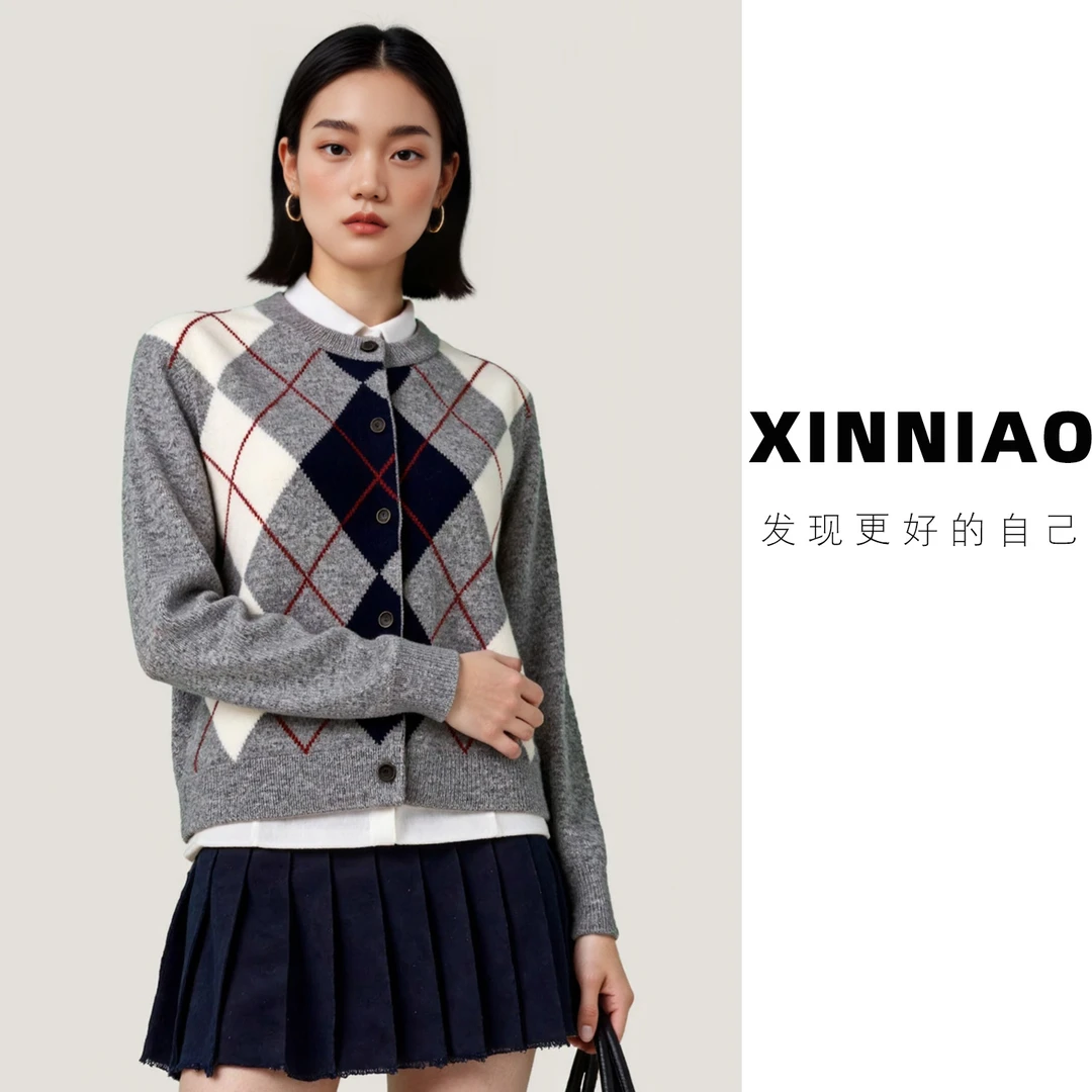 [Retro College]XINNIAO纯羊毛学院风针织衫秋冬菱格圆领女上衣