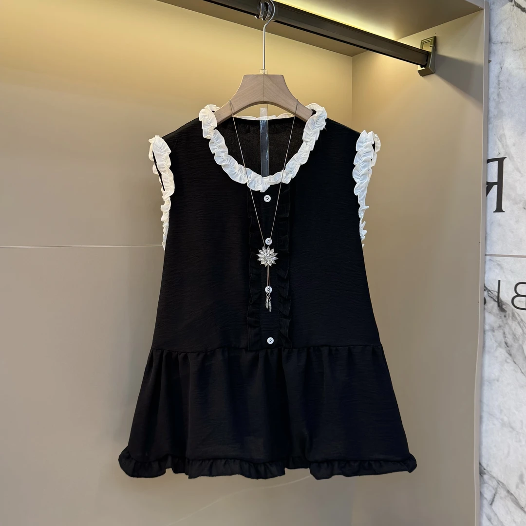 法式撞色无袖衬衫女夏季木耳边拼接圆领显瘦时尚百搭宽松上衣871